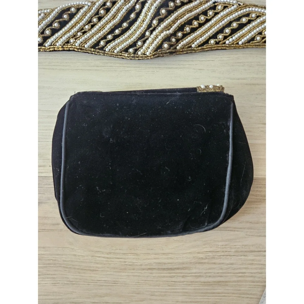 Vintage Handcrafted Zardozi‎ Black Velvet Clutch and Belt Set Gold Pearl India